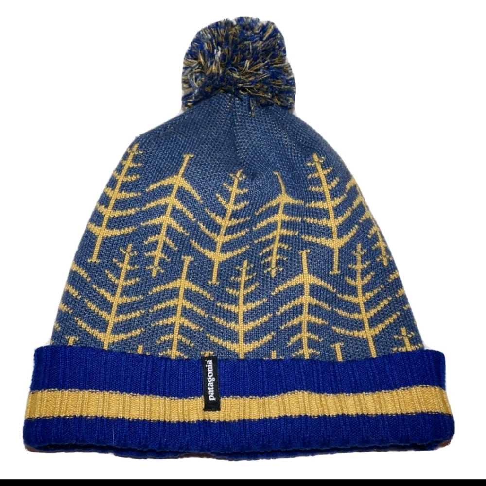 PATAGONIA Desert Blue & Mustard-Yellow Knit POM POM Hat ONE SIZE